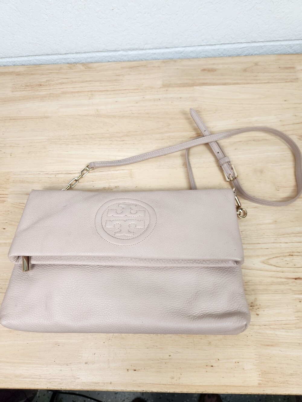 Tory Burch Bombe Leather Fold Over Crossbody Messenger Bag Beige Jean Transfer